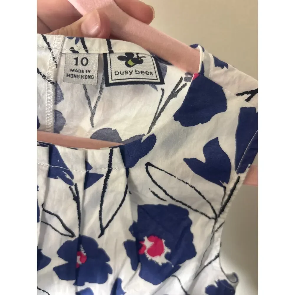 Girls Busy Bees Blue and White Floral Sleeveless Dress Sz 10